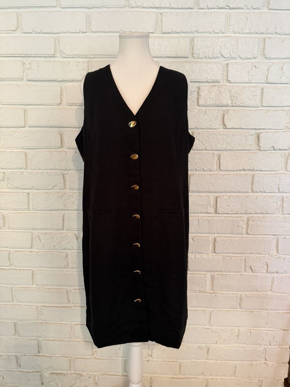 Rachel Zoe Black Linen Blend Gold Statement Buttons Classic Sheath Dress 12